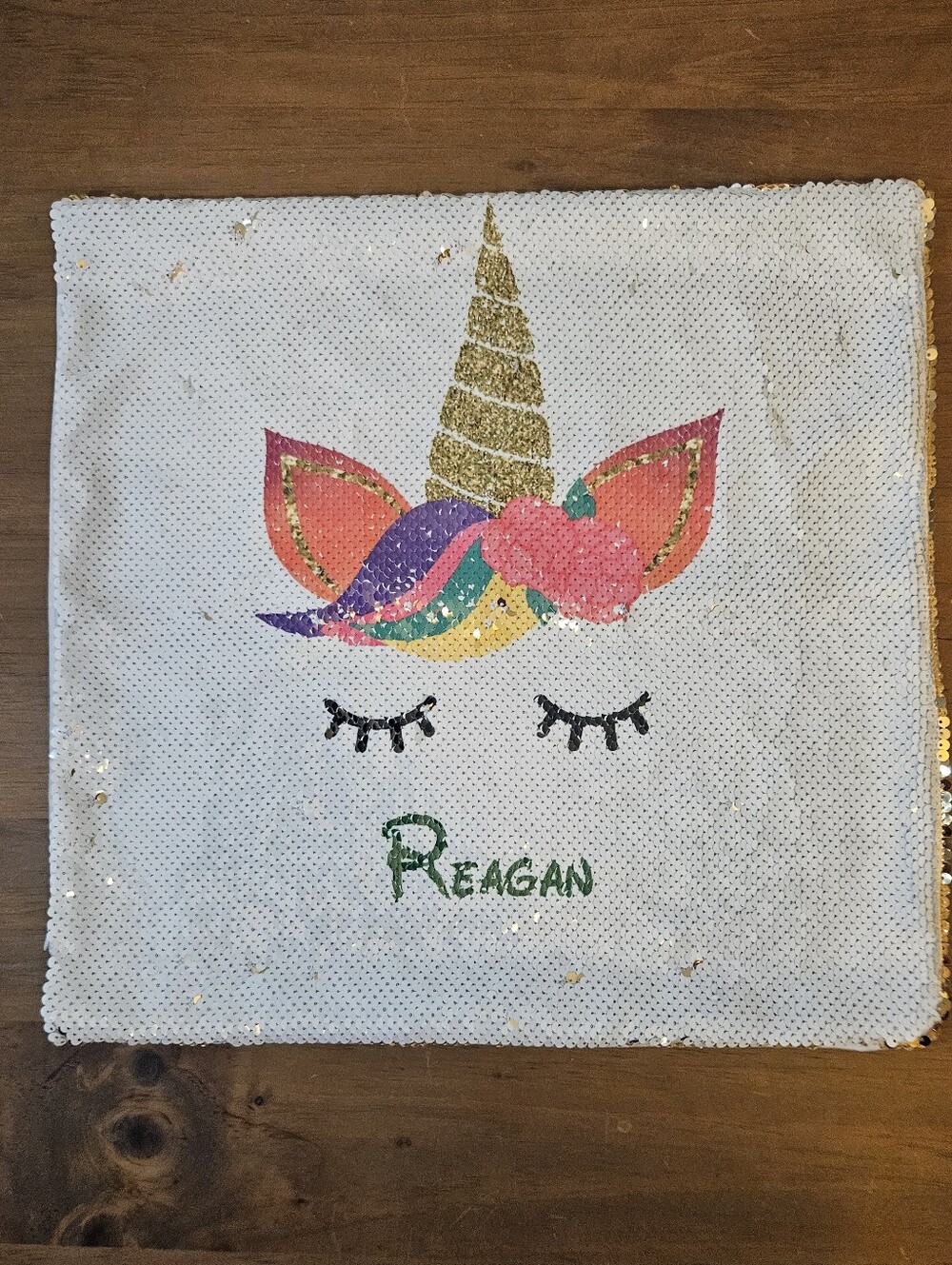 Unicorn Flip Sequins Pillow Cover Unicorn Face & The Name 'Reagan'